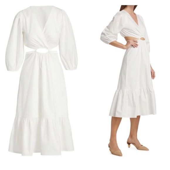 ASTR White Cutout Surplice Midi Dress Puff Sleeve Resort Vacation L NWT - Picture 13 of 14